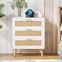 Irontar Rattan Nightstand with Charging Station, Night Stand with 3 Large Rattan Drawers, Accent End Table, Bedside Table with Solid Wooden Legs for Bedroom, White and Natural BZZ006WME