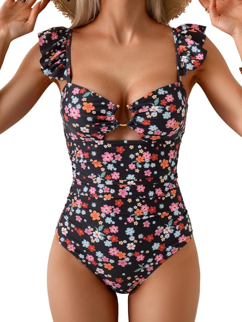 Eomenie Women's One Piece Swimsuit Tummy Control Bathing Suit Ruffle Cutout Slimming Swimwear (Large, Colorful Flower) Eomenie Women's One Piece Swimsuit Tummy Control Bathing Suit Ruffle Cutout Slimming Swimwear (Large, Colorful Flower)