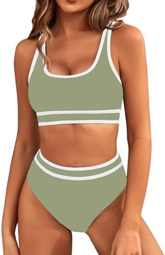 BMJL Women's High Waisted Bikini Sets Sporty Two Piece Swimsuits Color Block Cheeky High Cut Bathing Suits Only panties XL