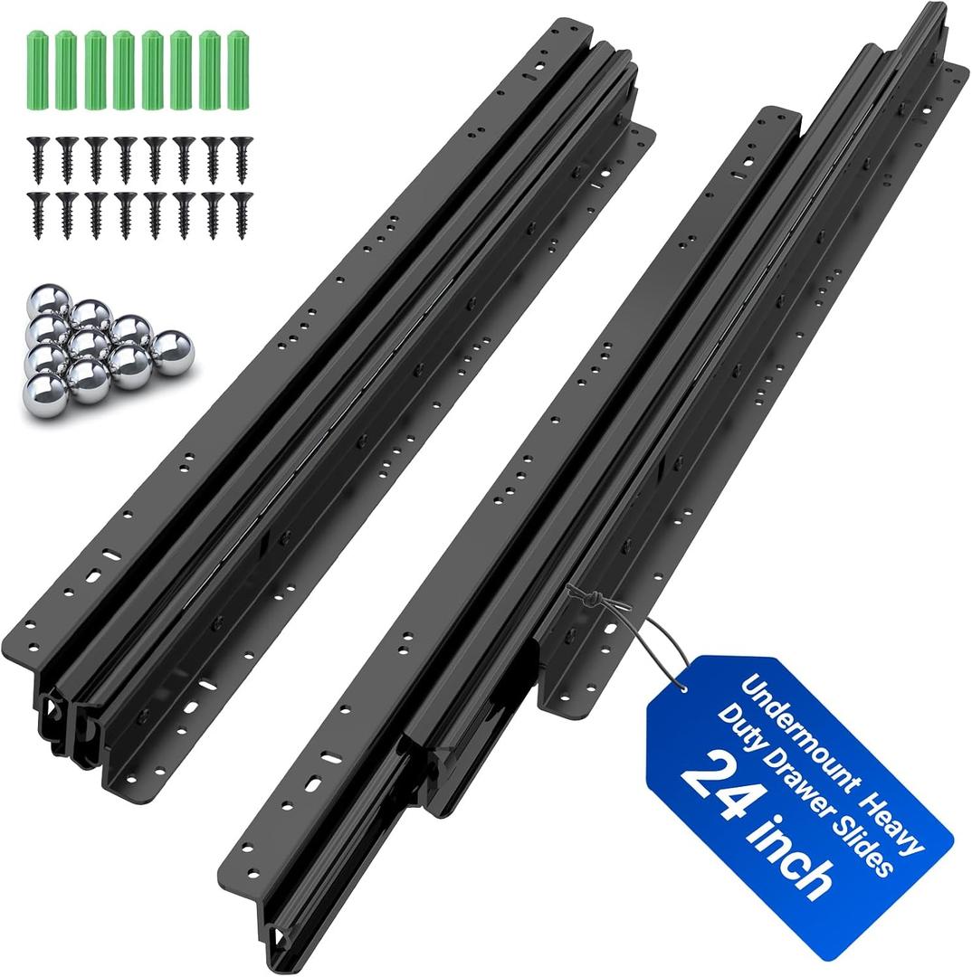 Heavy Duty Bottom Mount Drawer Slides, 265lb Full Extension Drawer Rails, 1640 Inch Cold Rolled Steel Ball Bearing Tracks for Under-Stair Storage, Deep Cabinets, Pantry & RV Systems (1 Pair 24 Inch)