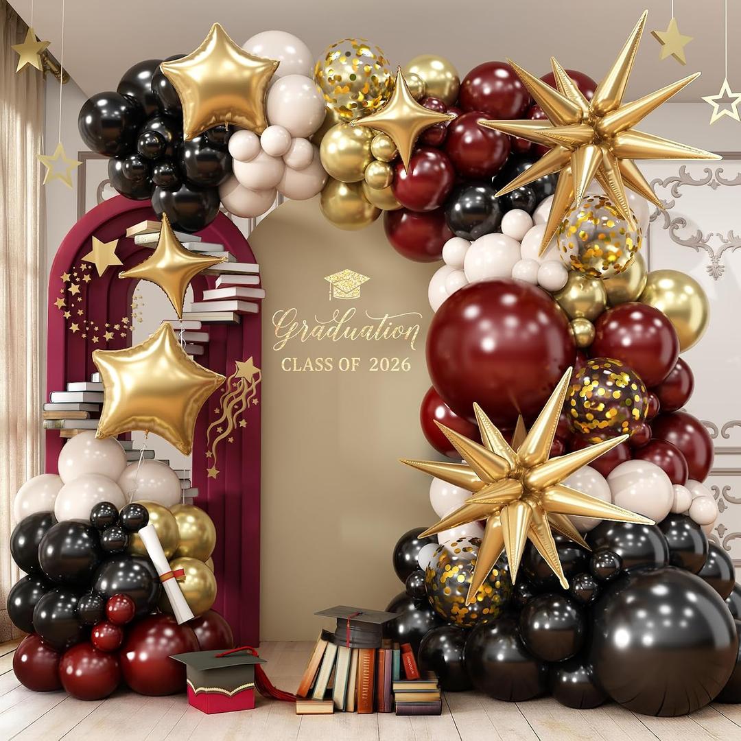 Black Burgundy Gold Balloons Arch Kit Maroon Red Burgundy Black Sand White Metallic Gold Confetti Balloons Explosion Star Balloon for Graduation Prom Anniversary Wine Birthday Party Decoration