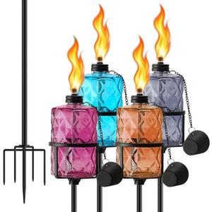 SNOGSWOG Glass Citronella Torches Set of 4, 12 Oz Outdoor Garden Torch with 5-Prong Grounded Stake, 59 Inch Glass Torch for Home Dcor, Outside Torches for Backyard, Garden, Patio, Muti-Color