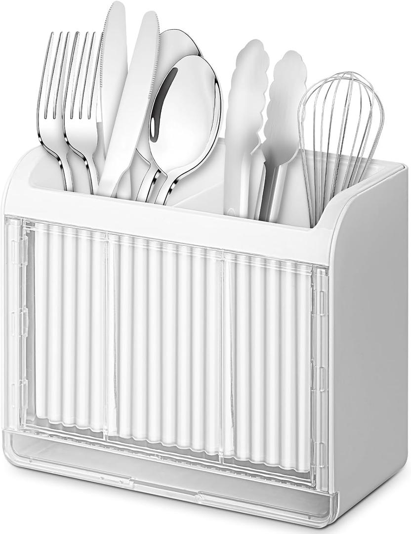 Utensil Holder, Kitchen Utensil Drying Holder with Drain Tray, Wall Mount Drainer Basket Silverware Cutlery Flatware Rack Forks, Knives, Spoons, Chopsticks Organizer - White