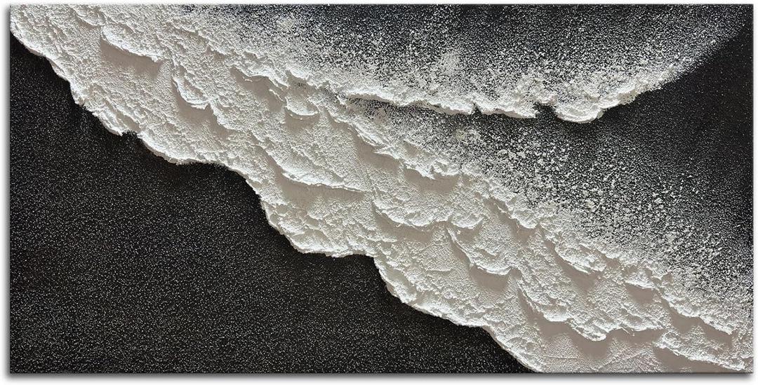 zoinart Hand Painted Black and White Textured Ocean Wave Wall Art 48x24 Inches Abstract Oil Paintings on Canvas Modern Beach Art for Living Room Bedroom Wall Decor