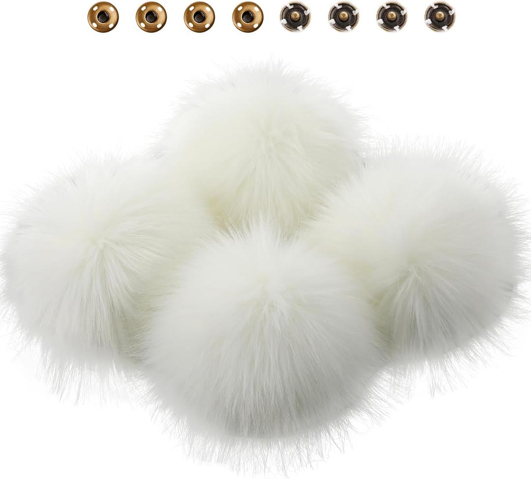 Juinte 4 Pcs 6 Inch Large Fur Pom Pom Balls for Hats Fluffy Faux Fur Pompom Balls with Snap Button for Hat Shoes Scarves Bag Charms DIY Crafts (White)