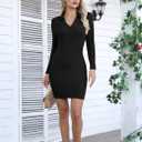 Valiamcep Women's Dress Long Sleeve V Neck Collared Ribbed Knit Bodycon Mini Pencil Dresses (S)