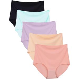Bolivelan 5 Pack Women's Seamless Hipster Panties Invisible High Waist No Show Ladies Bikini Underwear (8, 5 Colors)