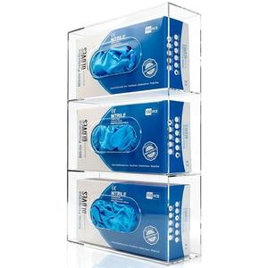 Nelspen Glove Box Holder Dispenser Acrylic Triple Compartment Side Loaded Clear Rack Storage Organizer for Medical, Latex, Rubber, Nitrile, Exam, Disposable Glove Boxes Holder Standing or Wall Mount