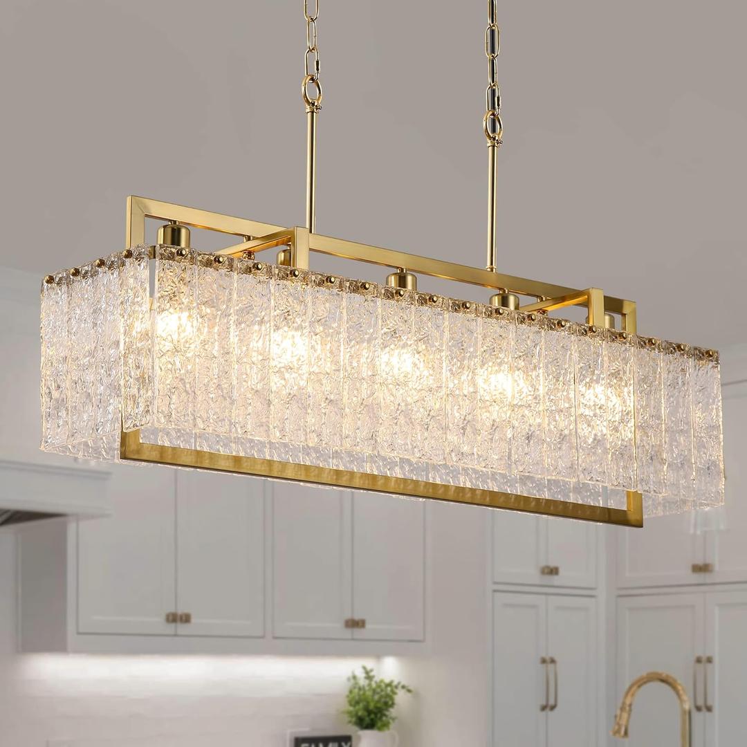35.4" Gold Crystal Modern Chandelier for Dining Room, Chandeliers with Water Ripple Glass, Adjustable Chain Length,Luxury Rectangular Pendant Light Fixture for Kitchen Island Living Room