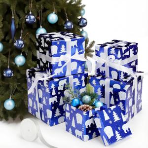 Cholemy 5 Pcs Christmas Nesting Gift Box with Lid Square Assorted Size Xmas Nested Box Set Christmas Gift Box with Ribbon for Christmas House Warming Gift Wrap (White Ribbon,Polar Bear)