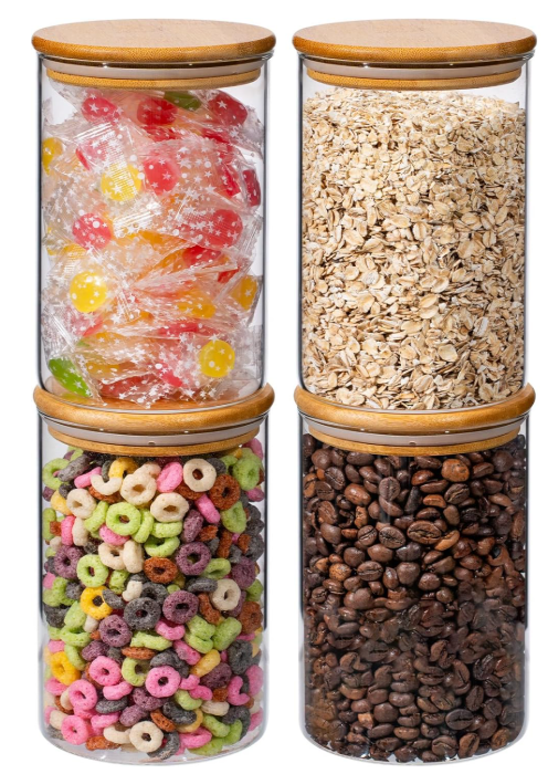 Xoniwis 32oz 4PCS Round Airtight Glass Food Storage Jars, Clear Glass Food Storage Container with Bamboo Lid, Stackable Spice Jar, Kitchen Canister for Sugar, Tea, Coffee bean, Pasta, Oat, Spice