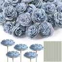 Thiccywoov 100 Pcs Flowers Long Stem Artificial Rose, 3.2 Inches Silk Rose Head Flowers Fake for Wedding Bridal Bouquet Independence Day Home Floral DIY Centerpieces Party Decoration (Dusty Blue)