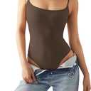 SUUKSESS Women Sexy Square Neck Thong Bodysuit Backless Cami Bodysuit Top (Brown, S)