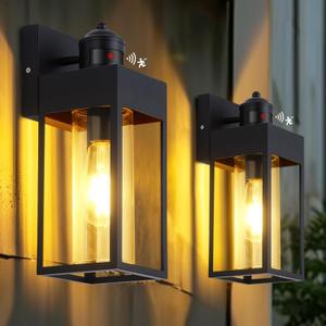 2-Pack Motion Sensor Outdoor Lights, Upgrade Dusk to Dawn Exterior Lighting Fixtures, Modern Porch Lights with Cylinder Lampshade, LED Wall Sconce for Garage Patio Garden House (Black)