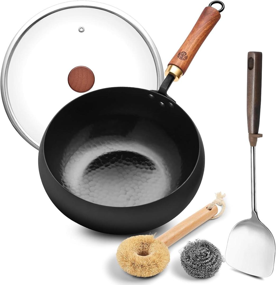 WANGYUANJI 9.5-Inch Wok Pan with Lid  Handmade Round Cooking Wok, Deep Frying Pan with Detachable Wooden Handle, No Chemical Coated Wok Flat Bottom for Induction & Gas Stoves