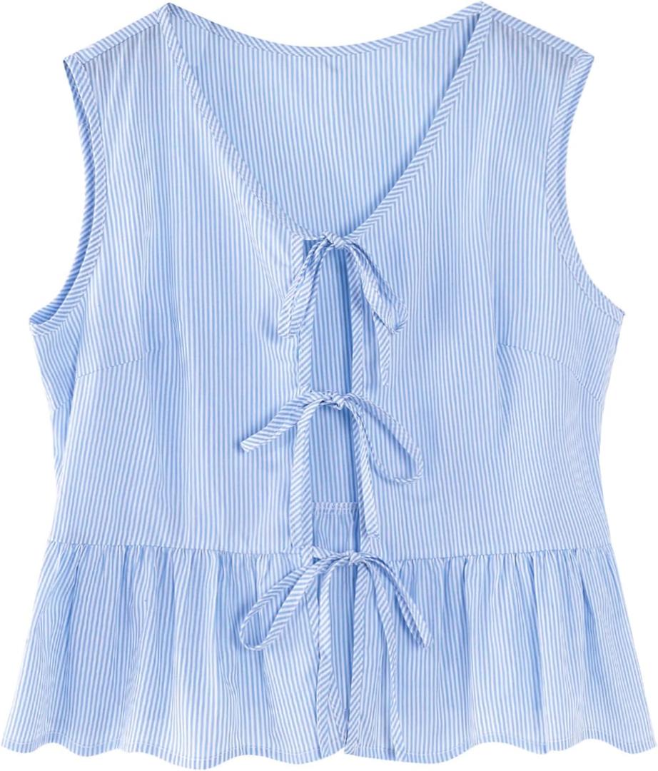 Avanova Tie Front Tops for Women Striped Peplum Tank Top V Neck Sleeveless Ruffle Hem Summer Blouse Blue Medium (Blue, M)