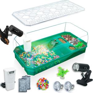 Aquatic Turtle Tank Habitat Kit Stone+Filter+Heat Lamp Enhancing Interaction with 360 Viewing, Standalone Filtration, DIY Creative Zone, Enriched Living (Green, X-Large[with Light])