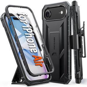 FNTCASE for iPhone Air Phone Case: Military Grade Rugged for iPhone 17 Air Phone Cover with Kickstand & Belt Clip Holster | Shockproof TPU Protection Bumper | Heavy Duty Protector (Black)
