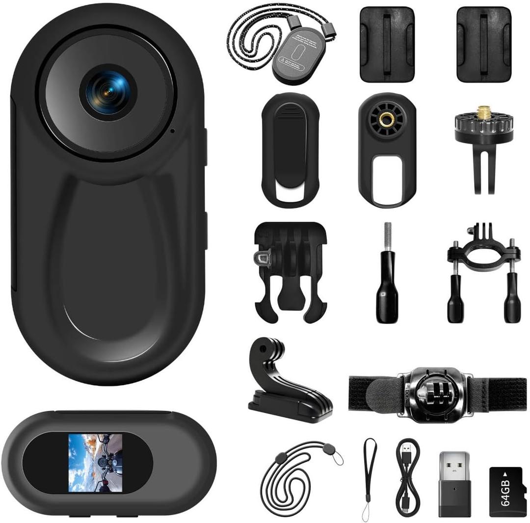 1080P Mini Body Camera with 64GB Card, Wearable Action Body Cam,One-Click Filming Body Worn Camera, Pets Collars Mount and Bicycle Mount Bracket for for Work, Travel, Pet Walking