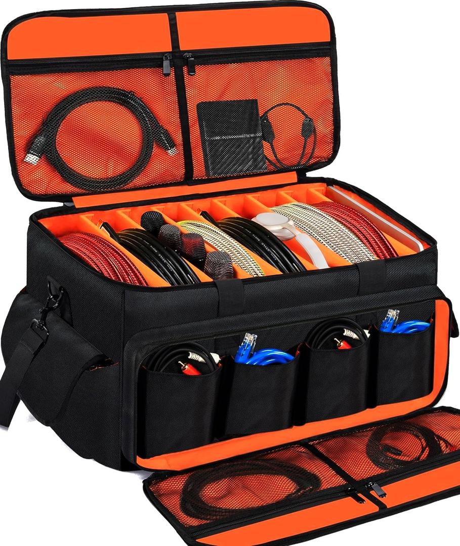 IBVIVIC Large DJ Cable File Bag, Travel Gig Bag With Adjustable Dividers Dj Cable Gig Bag for Cables, Cords, DJ Gear, Musicians Accessories, 20 inch (20L x 11.8W x 11.8H inch, Orange Black)