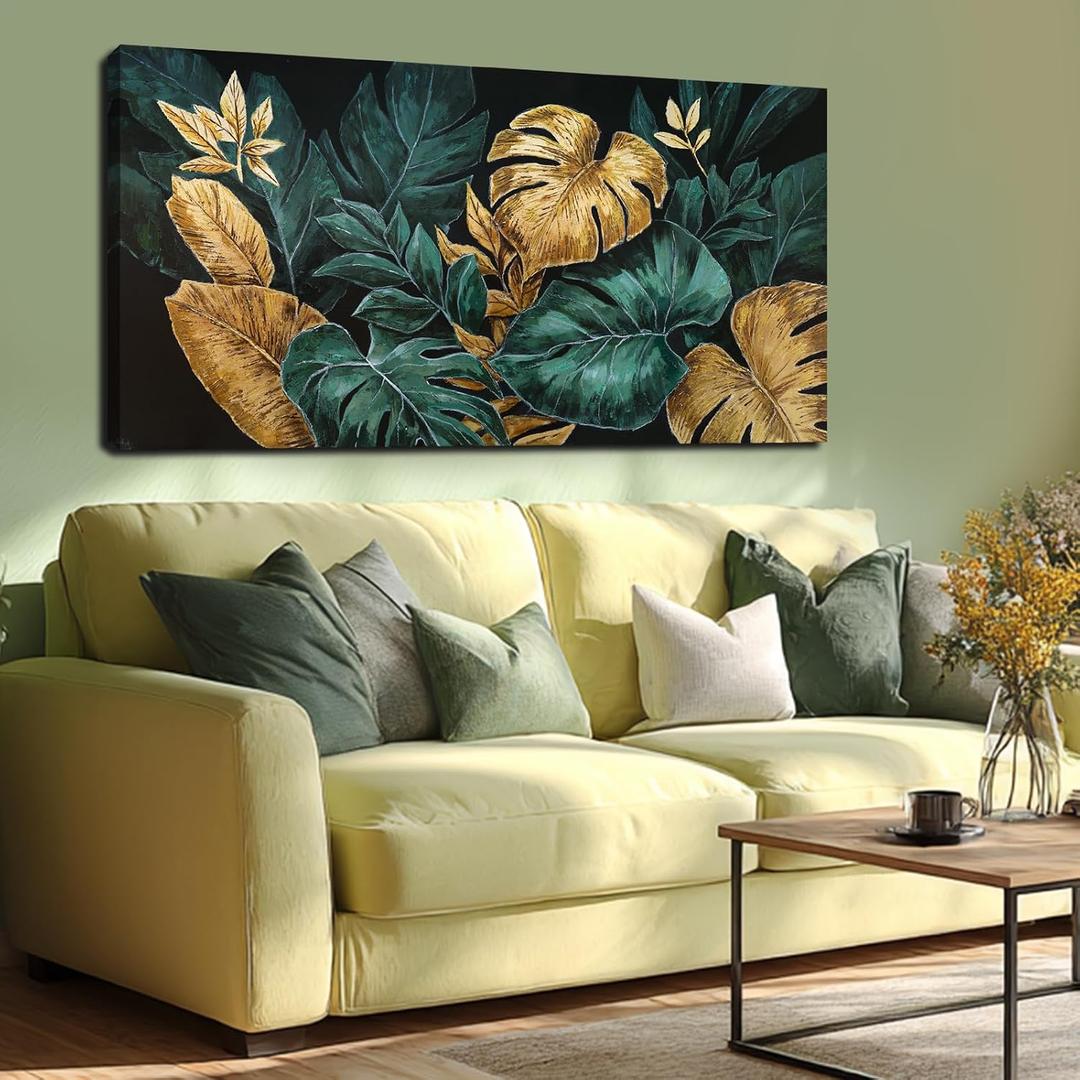Green Gold Wall Decor Monstera deliciosa Wall Art for Living Room 24x48Inch