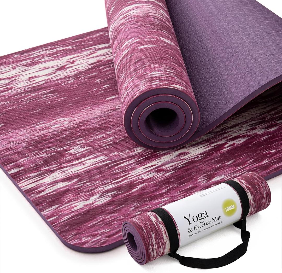 UMINEUX Extra Thick Yoga Mat, 2/5 Inch (10MM), Natural Rubber and TPE Non Slip Yoga Mats with Strap for Women Men, Eco Friendly Exercise Mat for Yoga, Pilates and Home Workout