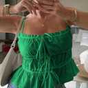 Tankaneo Womens Summer Tie Front Crop Tops Cute Ruffle Ruched Spaghetti Strap Tank Tops Y2K Going Out Shirts (Green)