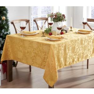 Newbridge Christmas Carol Holiday Noel Damask Fabric Tablecloth, 60 x 84 Inch Rectangle, Gold, Holly Leaf Poinsettia Weave, Wrinkle Free Soil Resistant Easy Care Table Cover