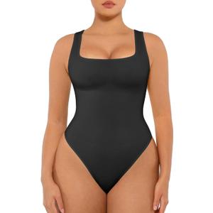 FeelinGirl Bodysuits for Women Seamless Square Neck Tummy Control Compression Thong Shapewear Bodysuit Tank Tops Bodysuit (3X-Large-4X-Large, Black)