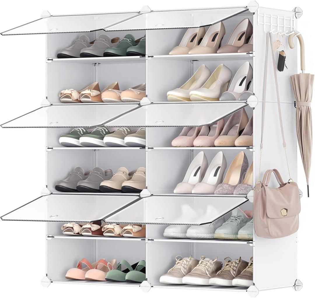 SONGMICS Shoe Rack Organizer, 6-Tier Shoe Storage Cabinet for Closet and Entryway, Holds 24 Pairs of Shoes, Adjustable, Cloud White and Trasparent ULPC033W01