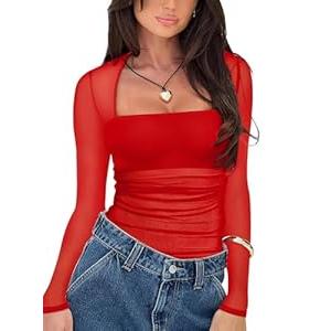 Women's Sexy Square Neck Long Sleeve Bodysuit Sheer Mesh Ruched Body Suits Going Out Tops (Red) L