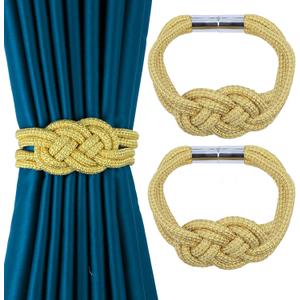2 Pack Magnetic Curtain Tiebacks, Hand Weave Rope Knot Decorative Curtain Holdbacks for Home & Office Thin Window Drapery (Gold,2P)