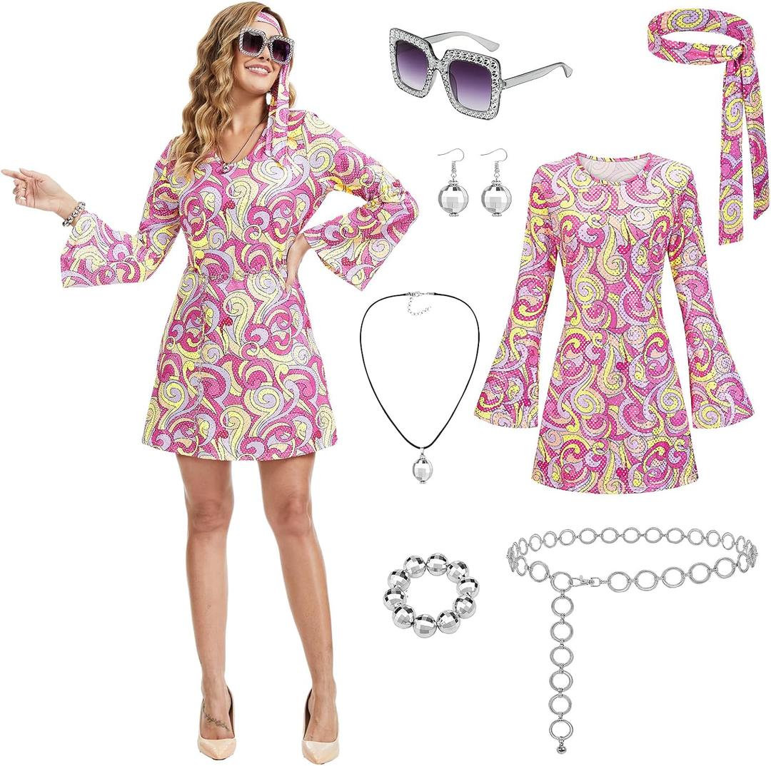 70s Disco Outfits Dress,7 PCS 70s Hippie Costume for Women Necklace Earrings Glasses Bracelet and Waist Chain (Pink, XX-Large)