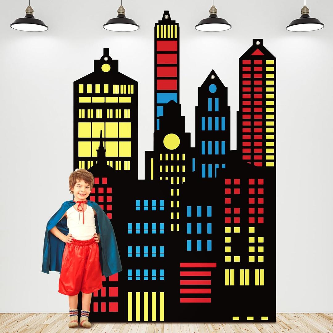 Tegeme Large Hero City Skyline Backdrop New York City Skyline Skyscraper Party Decoration NYC Buildings Background Cutouts Hero Backdrop for Birthday Party Photo Prop(Multicolor,4.3 x 6.6 ft, Classic)