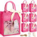 Sweetude 6 Pack Burlap Tote Bags Bulk with Handle Jute Party Gift Bags with Clear Window Bachelorette Favor with Thank You Cards Reusable Wedding Welcome Gift Supplies, 10.5x 8x 4.25 in (Pink)