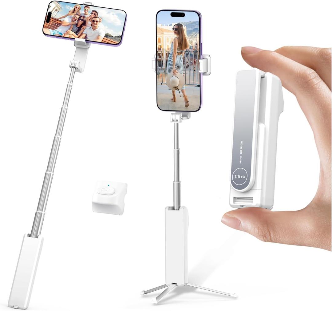 yAyusi Extendable Mini Selfie Stick Tripod with Remote, Pocket Size Portable Tripod for iPhone, Small Compact Phone Selfie Stick Tripods Mount for Travel/Vlog/Video Recording/Live Streaming (White)