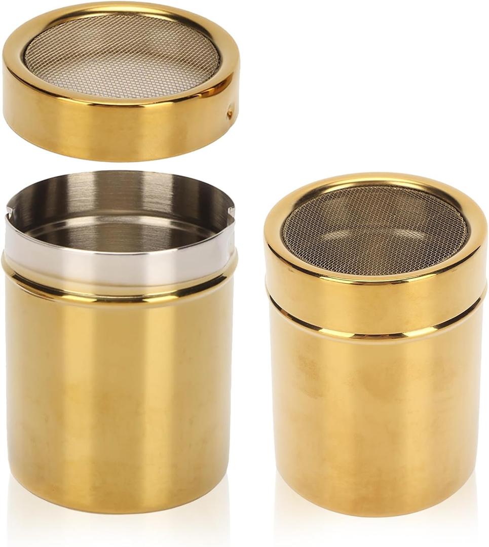 2PCS Sugar Shaker, Stainless Steel Powder Sugar Shaker Powder Sugar Duster Powdered Sugar Shaker Duster for Cinnamon Salt Pepper Gold