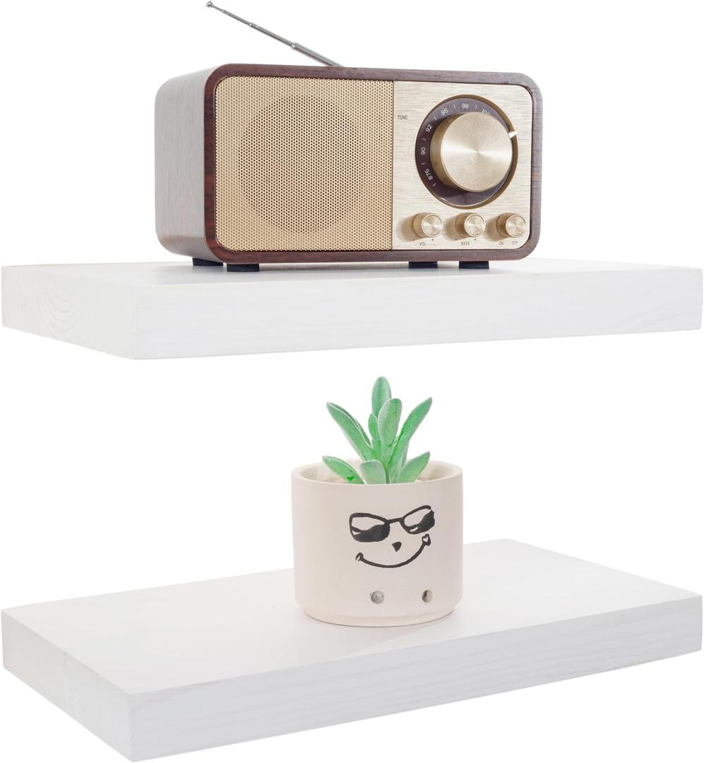 BGMG Wood Floating Shelves 12 inch Set of 2,White Floating Shelves for Wall,Solid Wood Wall Shelves for Bathroom Living Room Bedroom Kitchen Farmhouse -12x 6.7 x1.25 inch