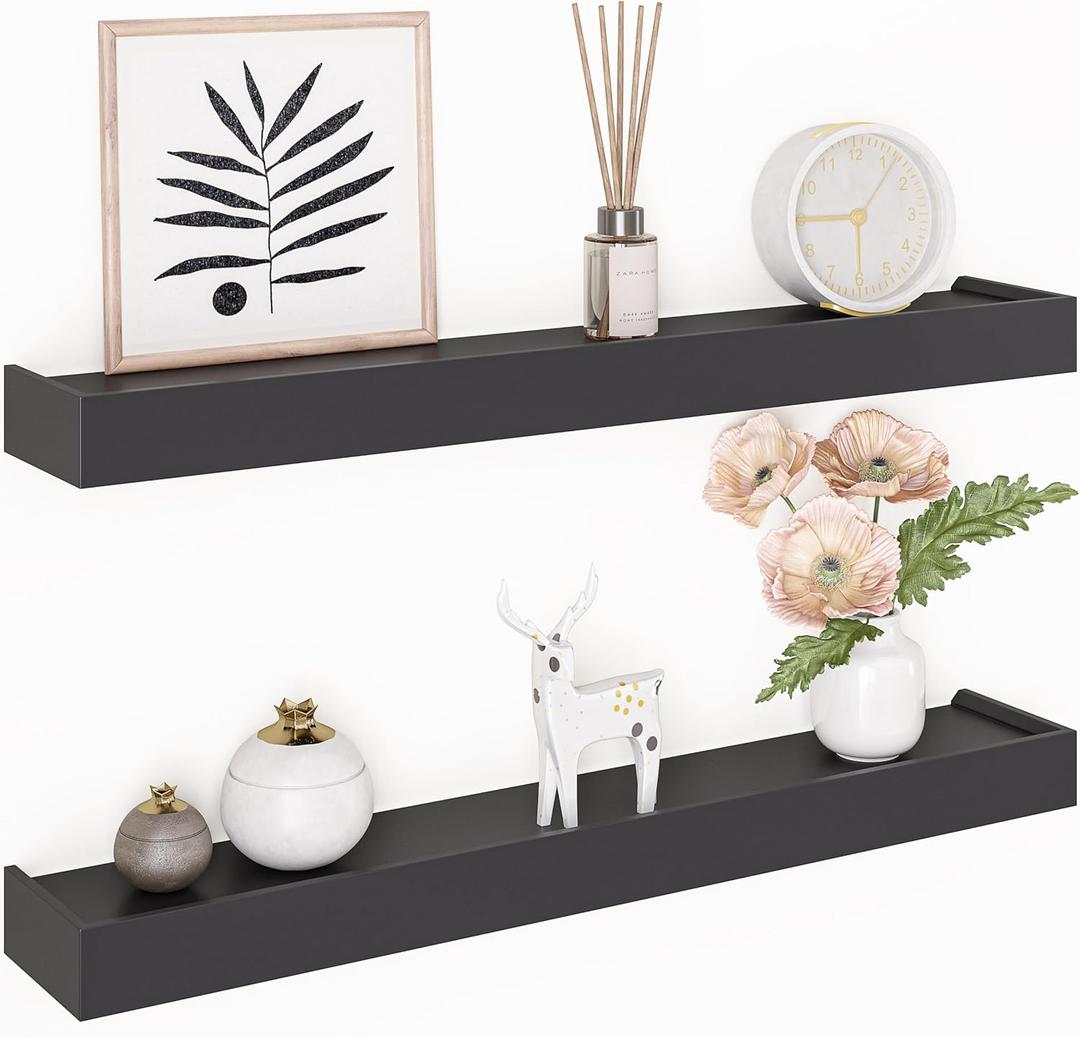 Ballucci Modern Floating Shelves 24", Set of 2 Wood Wall Mount Ledges for Nursery, Living Room, Bathroom, Kitchen, Office, Black