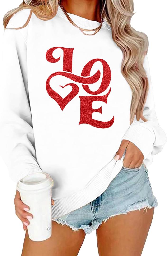 Valentines Sweatshirt for Women Glitter Love Graphic Shirts Casual Valentines Long Sleeve Pullover Tops (White, XL)