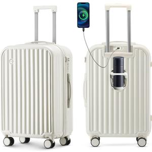 Hardside Carry On Luggage with Spinner Wheels and Built-in TSA Lock Durable Suitcase Rolling Luggage with USB Port cup holder Carry-On 20Inch (White) (20in-White)
