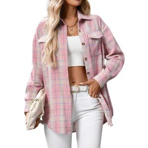 Women's Oversized Flannel Shirts Long Sleeve Button Down Plaid Shirt Business Casual Work Blouse Top, M