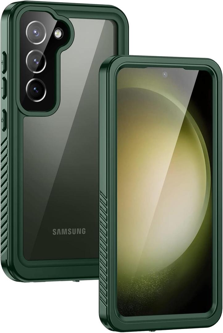 Lanhiem for Samsung Galaxy S23 Case (Not for S23 Plus), IP68 Waterproof Dustproof Case with Built-in Screen Protector, Heavy Duty Full Body Protective Cover for Galaxy S23 5G 6.1 Inch, Green/Clear
