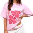 Oversized Graphic Shirt for Teens Girl Y2K Ocean Floral Short Sleeve Baggy Tee Shirts Vintage Aesthetic Coastal Tops (Medium, Pink Flower)