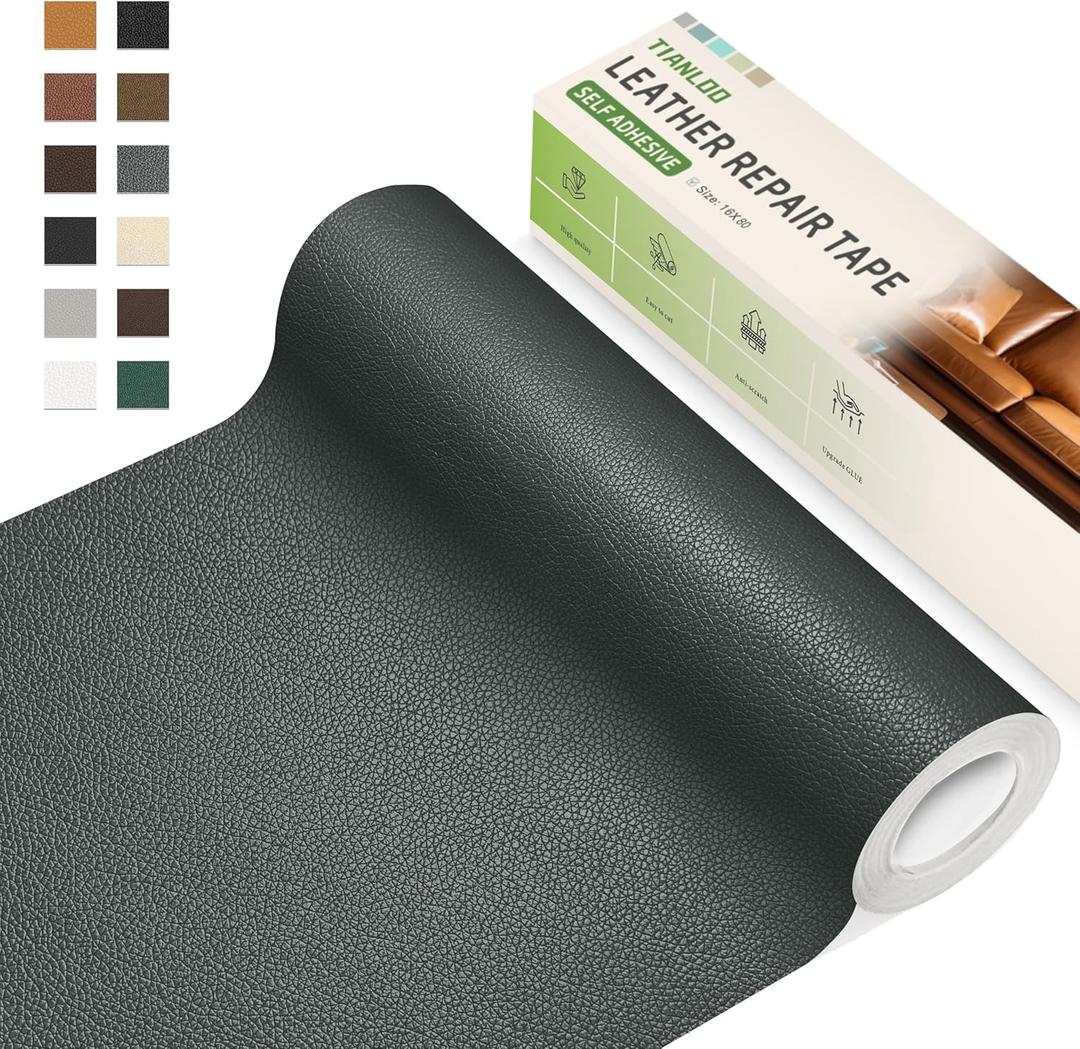 Leather Repair Tape, 16 x 80 Inches Self Adhesive Leather Repair Patch Leather Repair Kit for Furniture Couches,Car Seats,Cabinets,Handbags(Black Grey-Litchi Grain)