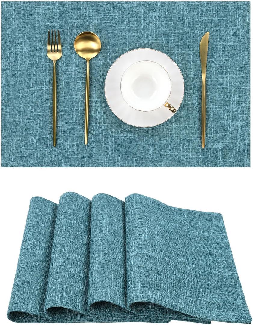 SHACOS Fabric Placemats Set of 4 Non Slip Machine Washable Heat Resistant Cloth Table Mats Soft Polyester Place Mats for Kitchen Dining Table, Dark Teal 12x18
