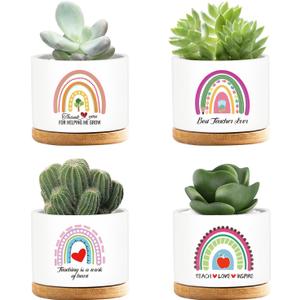 4 Pcs Teacher Appreciation Gifts Funny Ceramic Succulent Plant Pot Teacher Planter Pot Thank You Gifts for Coworker Teacher Valentines Birthday Gift, Plants Not Included