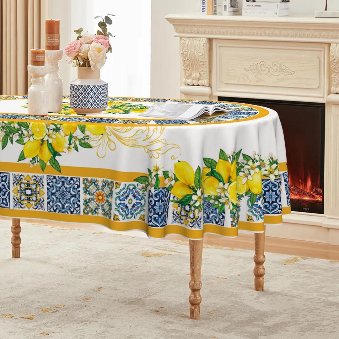 Horaldaily Summer Tablecloth 6084 Inch Oval, White Yellow Lemon Vintage Pattern Washable Table Cover for Party Picnic Dinner Decor
