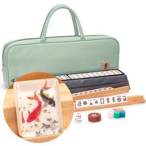 Yellow Mountain Imports American Mahjong Set, Celadon Koi with Mint Green Fabric Case - Four Wooden All-in-One Racks with Pushers, Wright Patterson Scoring Coins, Dice, and Wind Indicator, Medium