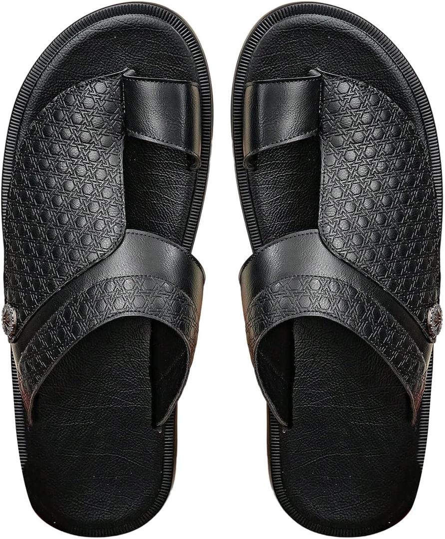 GORGLITTER Men's Leather Sandals Beach Open Toe Slippers Strap Slide Shoes Slip on Casual Flat Flip Flops, Size 46